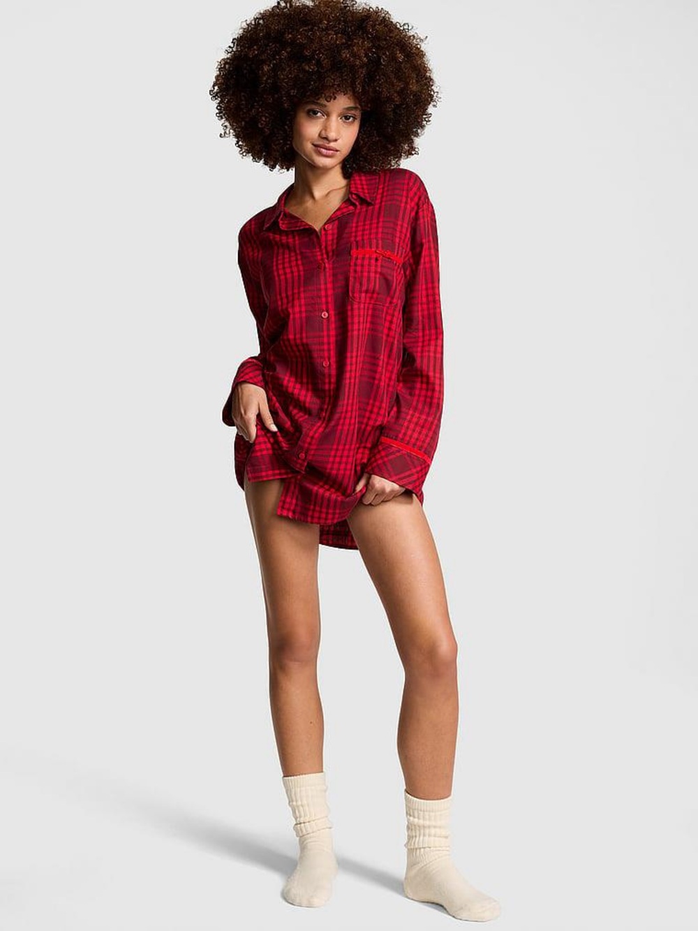 Victoria's Secret Red Plaid Full Button Nightgown Sleep Shirt Long Sleeves Large
